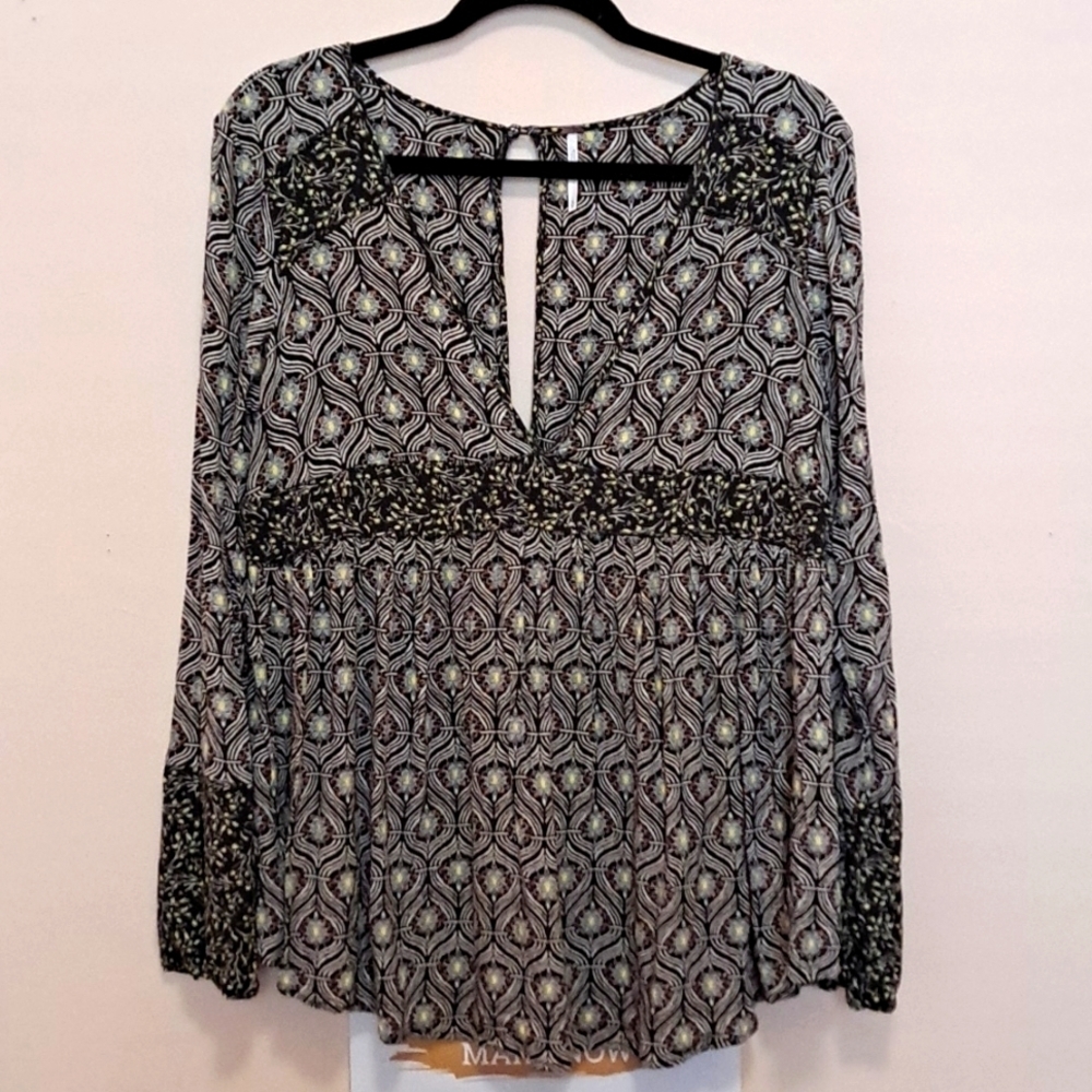 Free People floral blue, yellow rust organic Boho long sleev blouse skirt